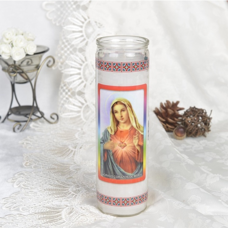 Custom Rich Designs Saint Images Glass Jar size Diameter 8 inch religious Candles for memorial Prayer