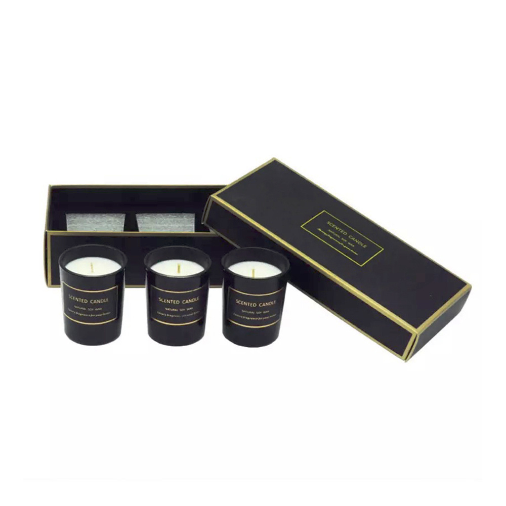 customized  black  scented candles  boxes set 3 pieces  cotton wick  black glass candles private label scented soy wax