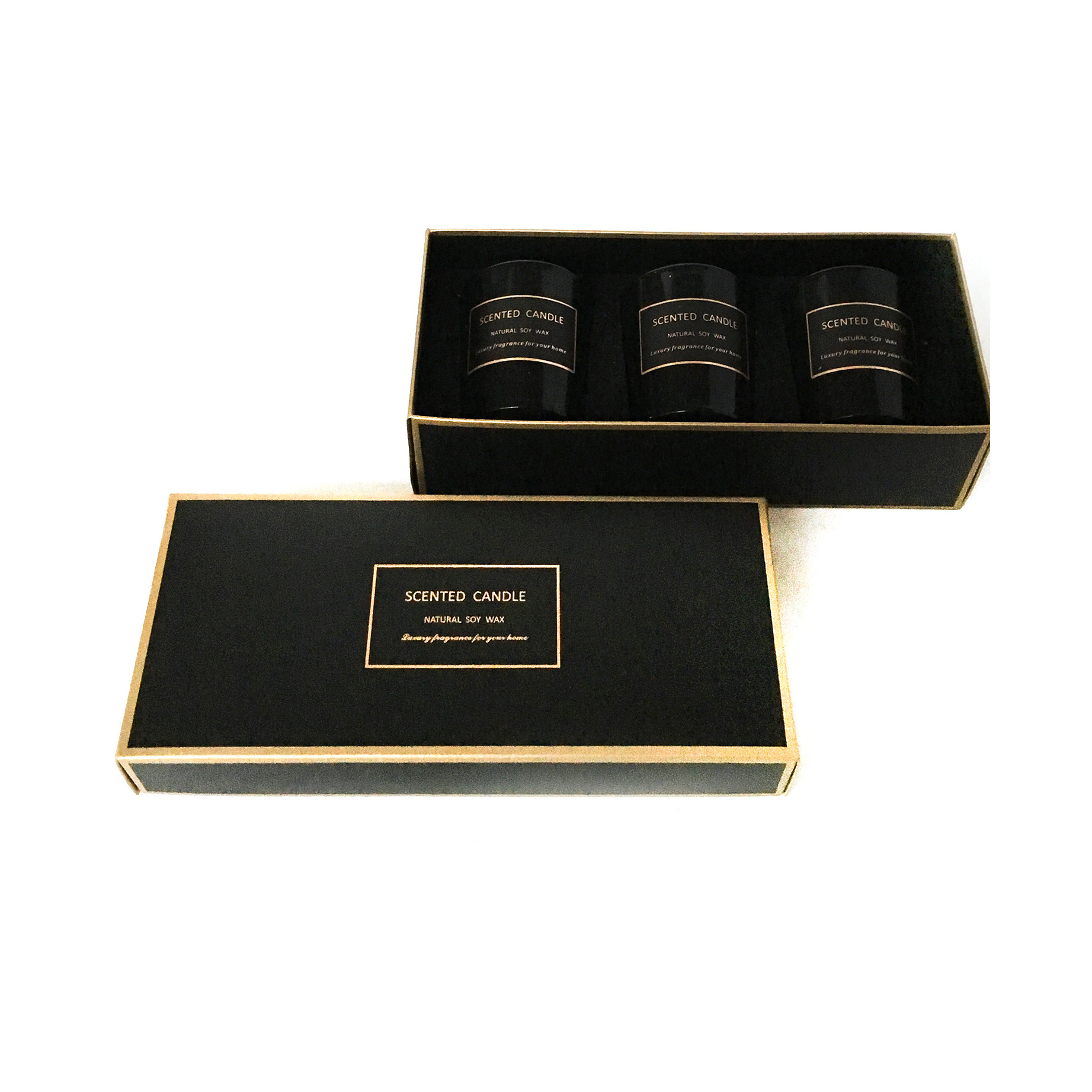 customized  black  scented candles  boxes set 3 pieces  cotton wick  black glass candles private label scented soy wax