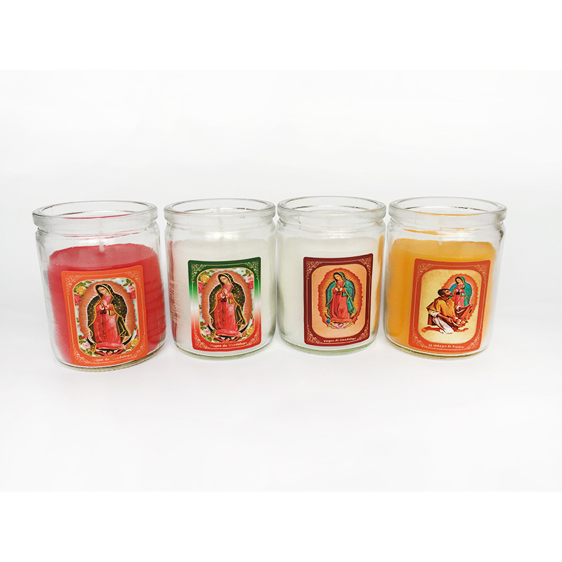 burning time 24 hours small glass size with saint image stick and Warning Stick religious candles