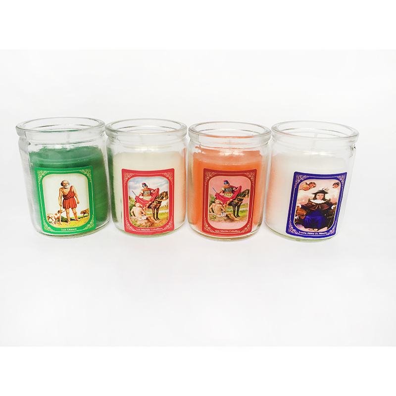 burning time 24 hours small glass size with saint image stick and Warning Stick religious candles