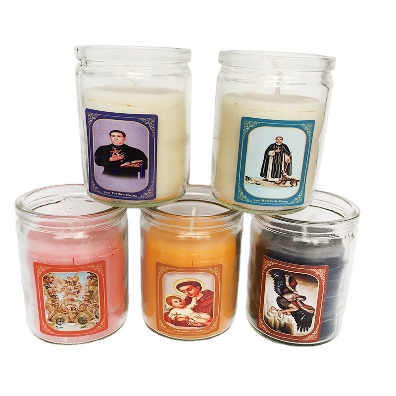 burning time 24 hours small glass size with saint image stick and Warning Stick religious candles