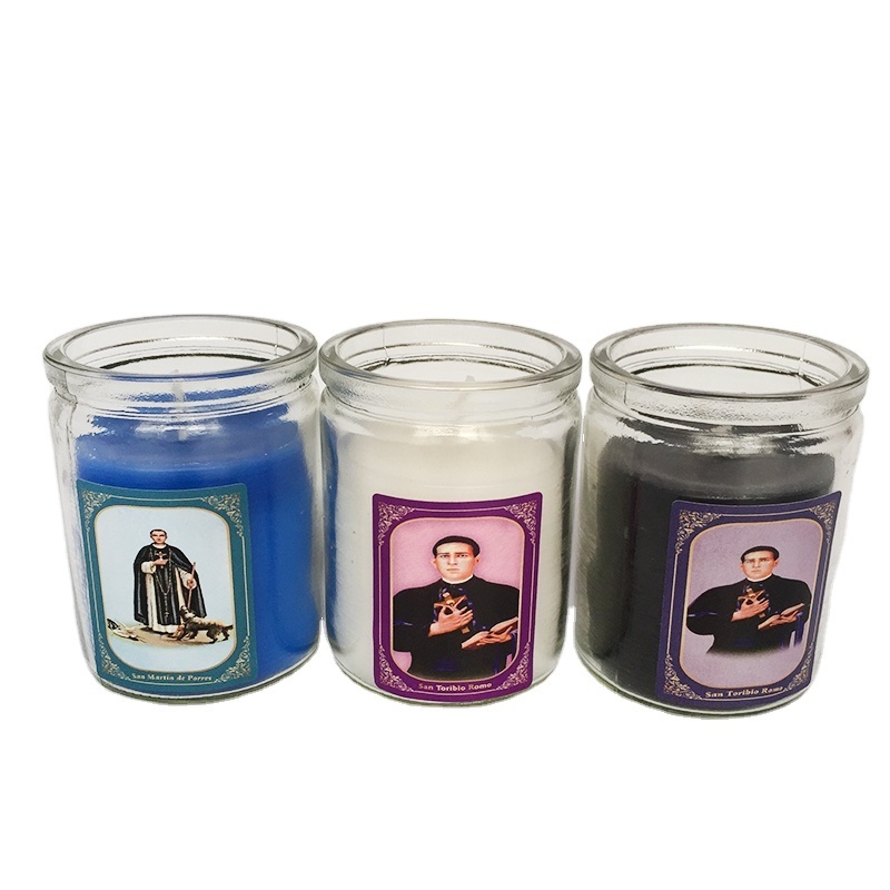 burning time 24 hours small glass size with saint image stick and Warning Stick religious candles