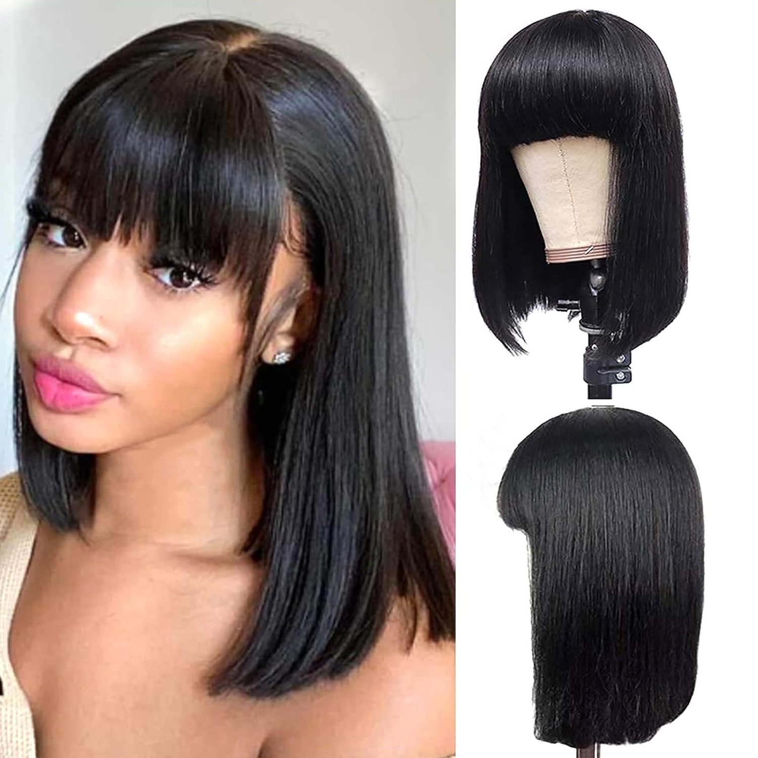 100% Human Hair Vietnamese Straight Bob Wig for Black Women 180 Density Glueless HD Full Lace Scalp Bob Cheap Hair Wigs Bang Wig