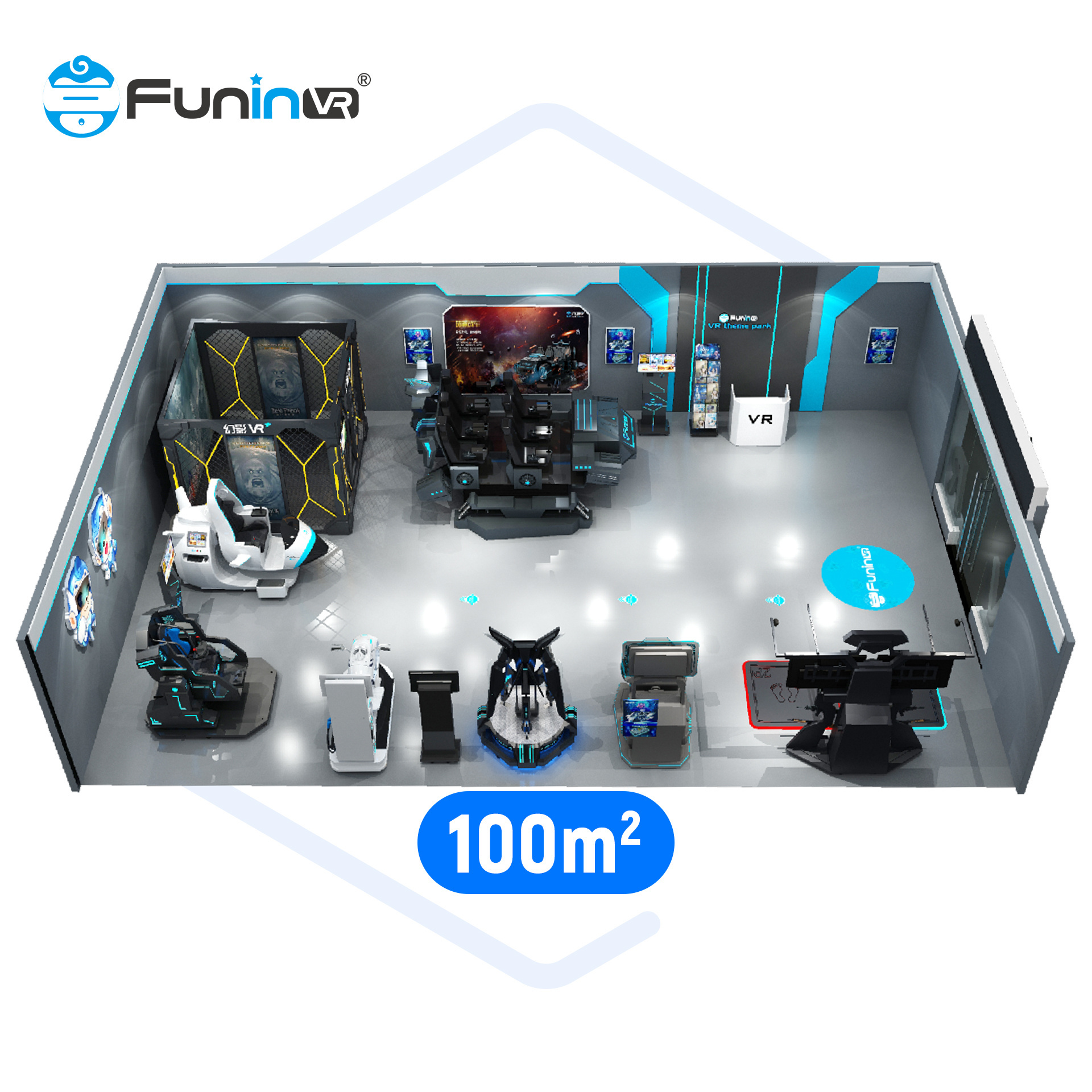 One Stop VR park  soluation VR Simulator  50-300  Square Meter Virtual Reality Indoor VR Amusement Park Ride Simulation