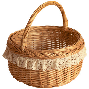 Willow Weaving Handheld Picnic Basket Rustic Style Lace Fabric Storage Basket Rattan Storage Basket