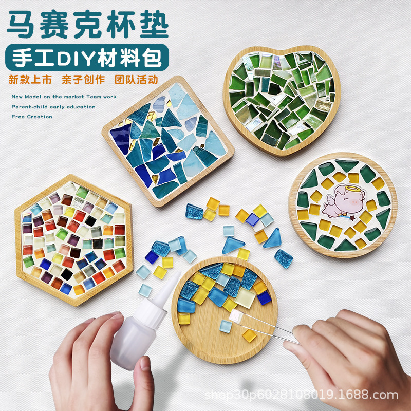 Handmade DIY Material Bamboo Creative Parent Kid Mosaic Coaster Craft Kit for Kids DIY  Mosaic Tile Home Decoration Supplies