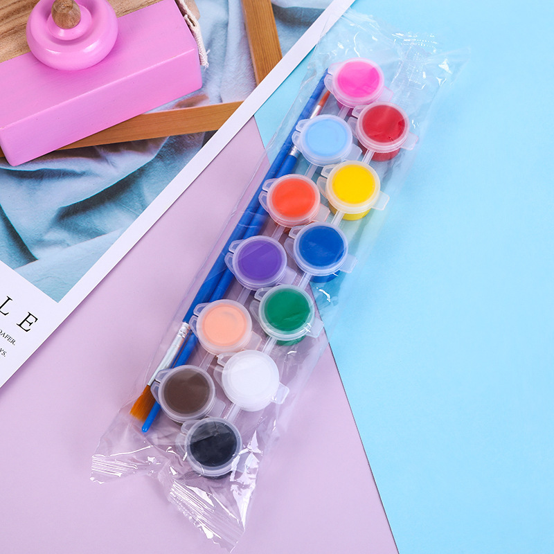 Children's Acrylic Paint 12 Color Set with 2 Brushes Painting Graffiti DIY Plaster Paint Strip Kindergarten Students Art Opp Bag