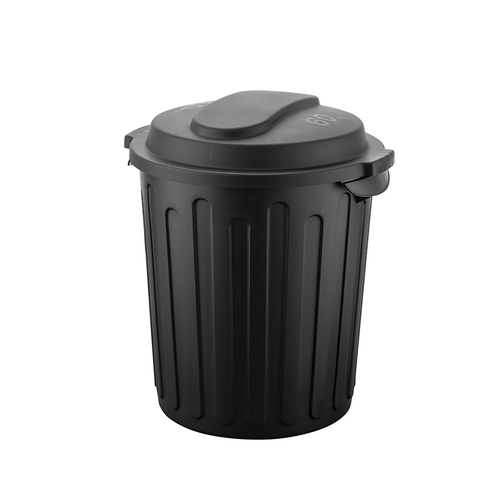 Black 60 liter round indoor outdoor plastic garbage bin trash bins with lid