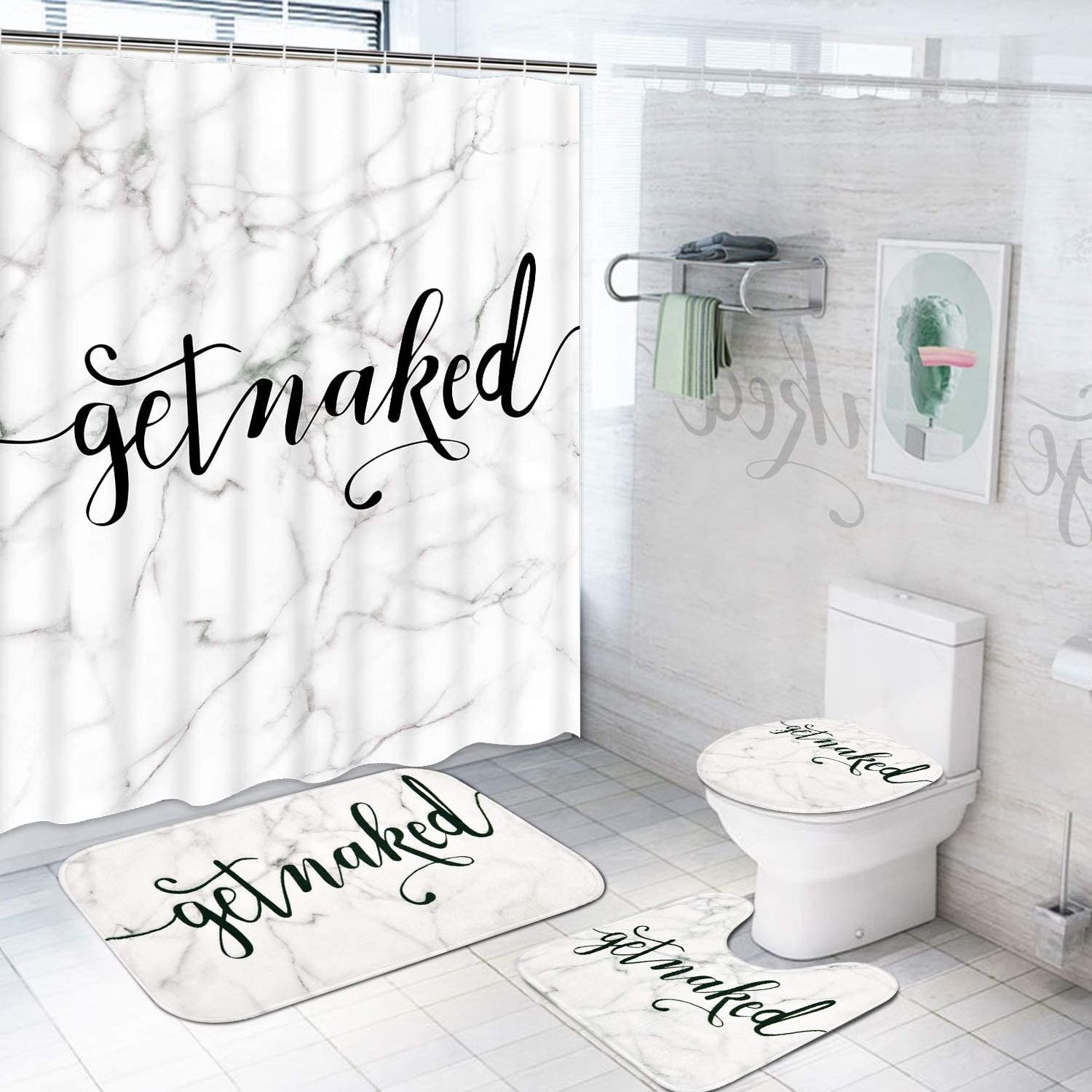 Waterproof funny quotes get naked bathroom shower curtain set with non slip memory foam bath mat