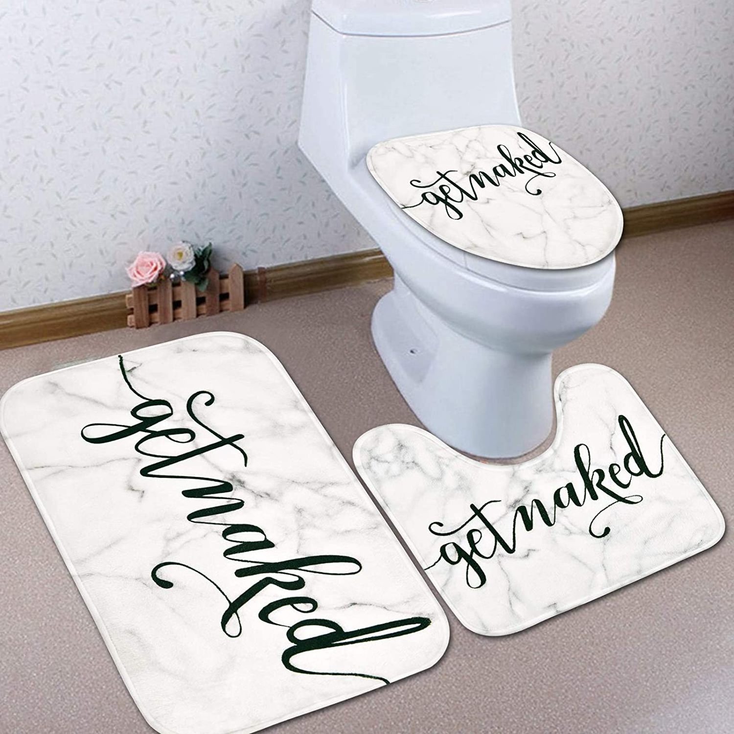 Waterproof funny quotes get naked bathroom shower curtain set with non slip memory foam bath mat