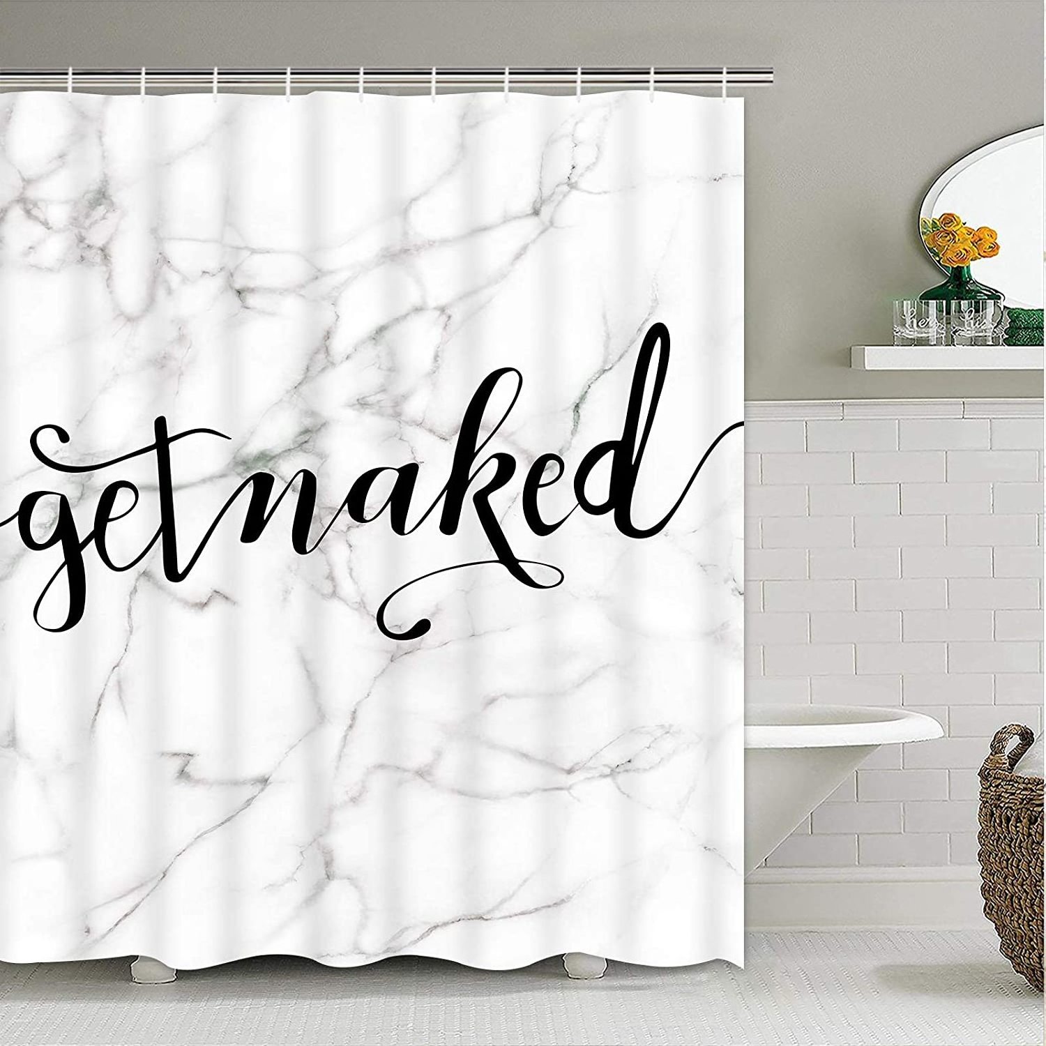 Waterproof funny quotes get naked bathroom shower curtain set with non slip memory foam bath mat