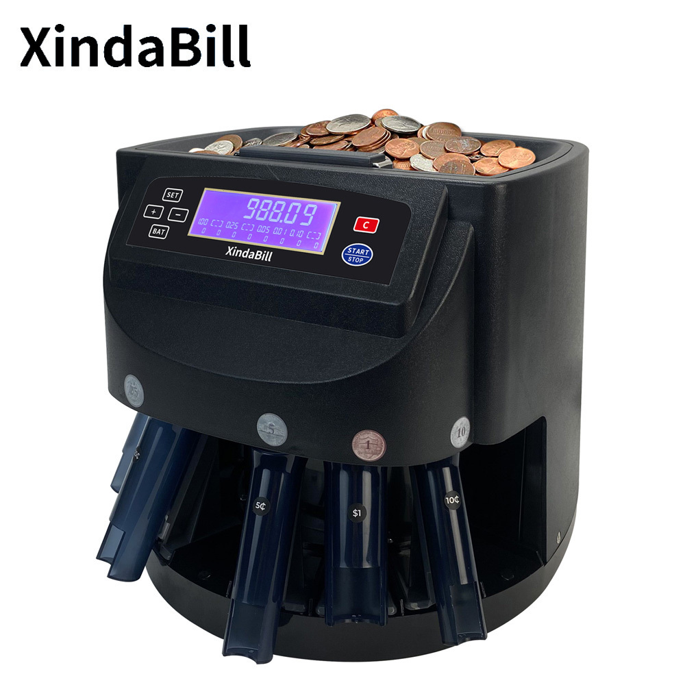 XD-9005 USD Coin Counter Machine Professional Automatic Coin Sorter Wrapper Roller Equipment Bin Tube with LCD Display