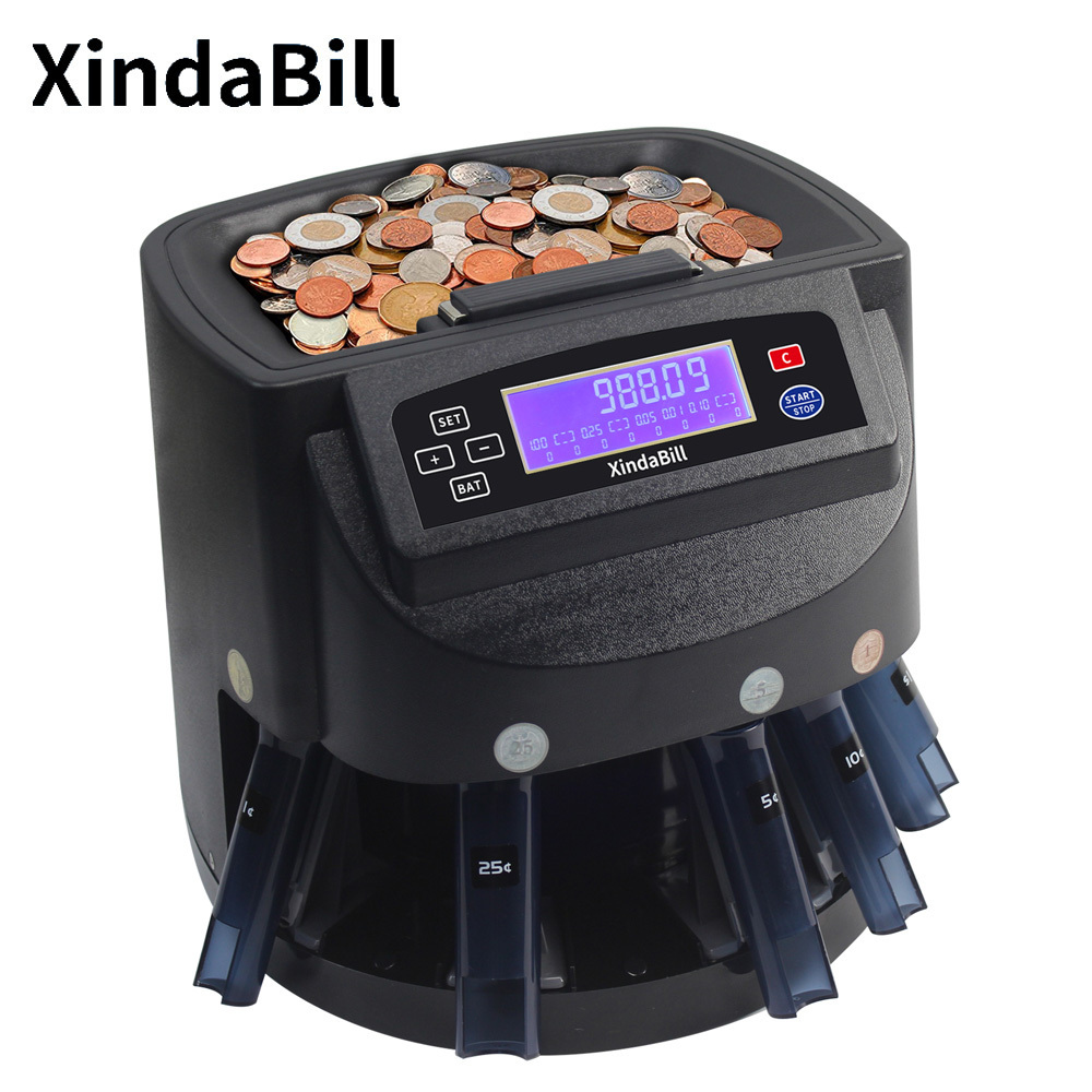 Xindabill XD-9005 Professional USD Coin Counter Machine Automatic Coin Sorter Wrapper/Roller Equipment Bin,Tube and LCD Display