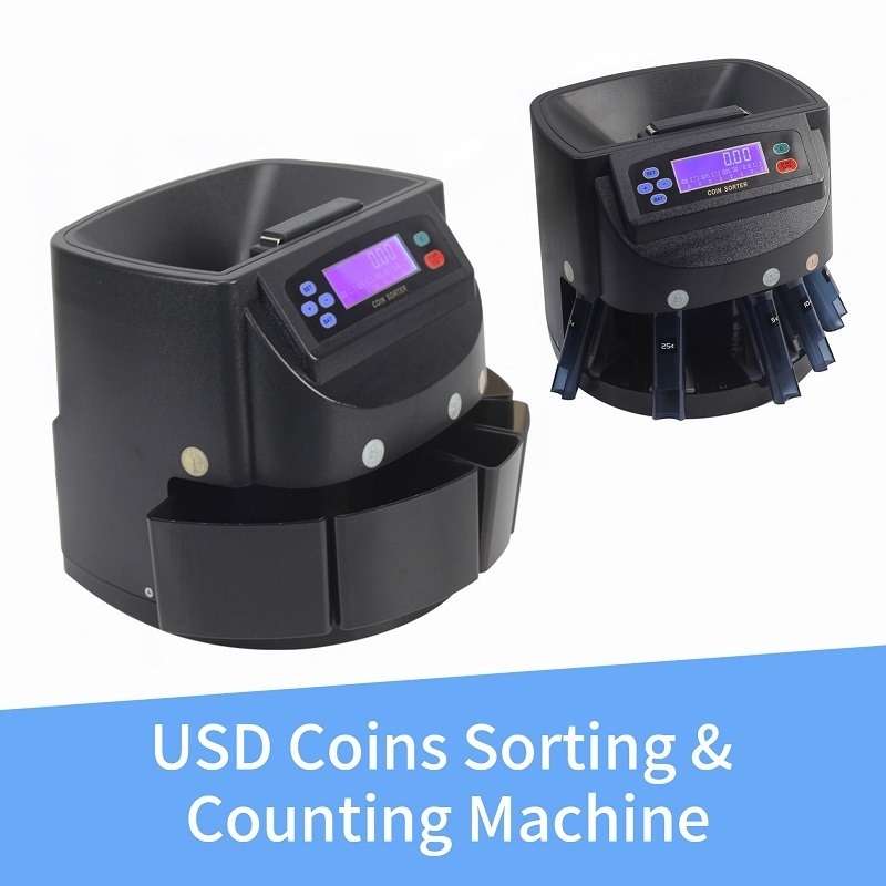 XD-9005 USD Coin Counter Machine Professional Automatic Coin Sorter Wrapper Roller Equipment Bin Tube with LCD Display