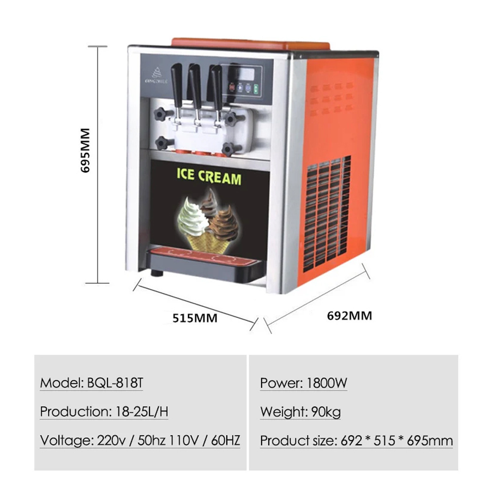 XEOLEO Commercial Desktop Ice Cream Maker 18L/H 3 Flavors Automatic Soft Serve Ice Cream Machine 1800W Ice Cream Yogurt Maker