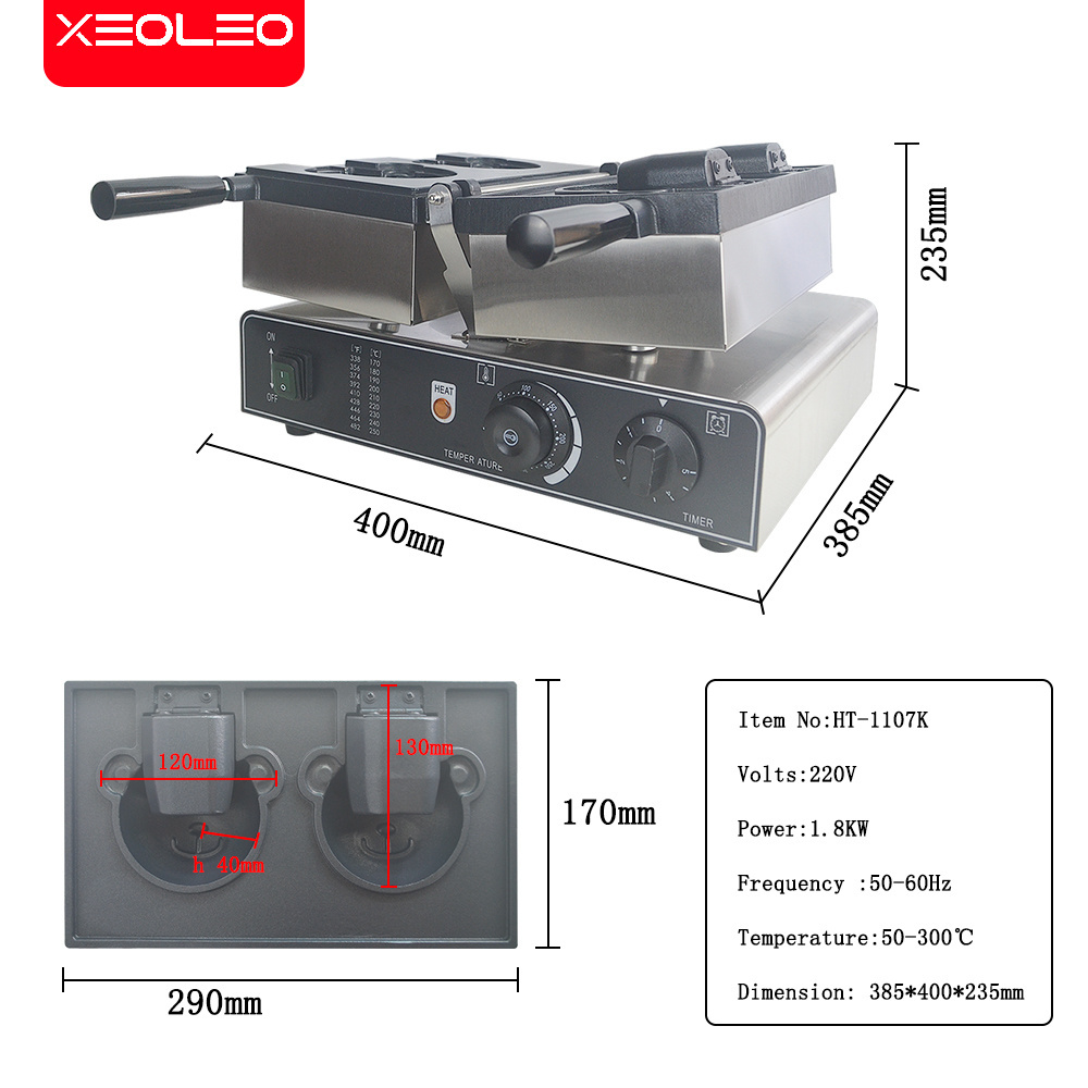 XEOLEO Professional Commercial Nonstick Snack 2 Pcs Taiyaki Machine Ice Cream Bear Shape Waffle Maker 1800W Taiyaki Waffle Maker