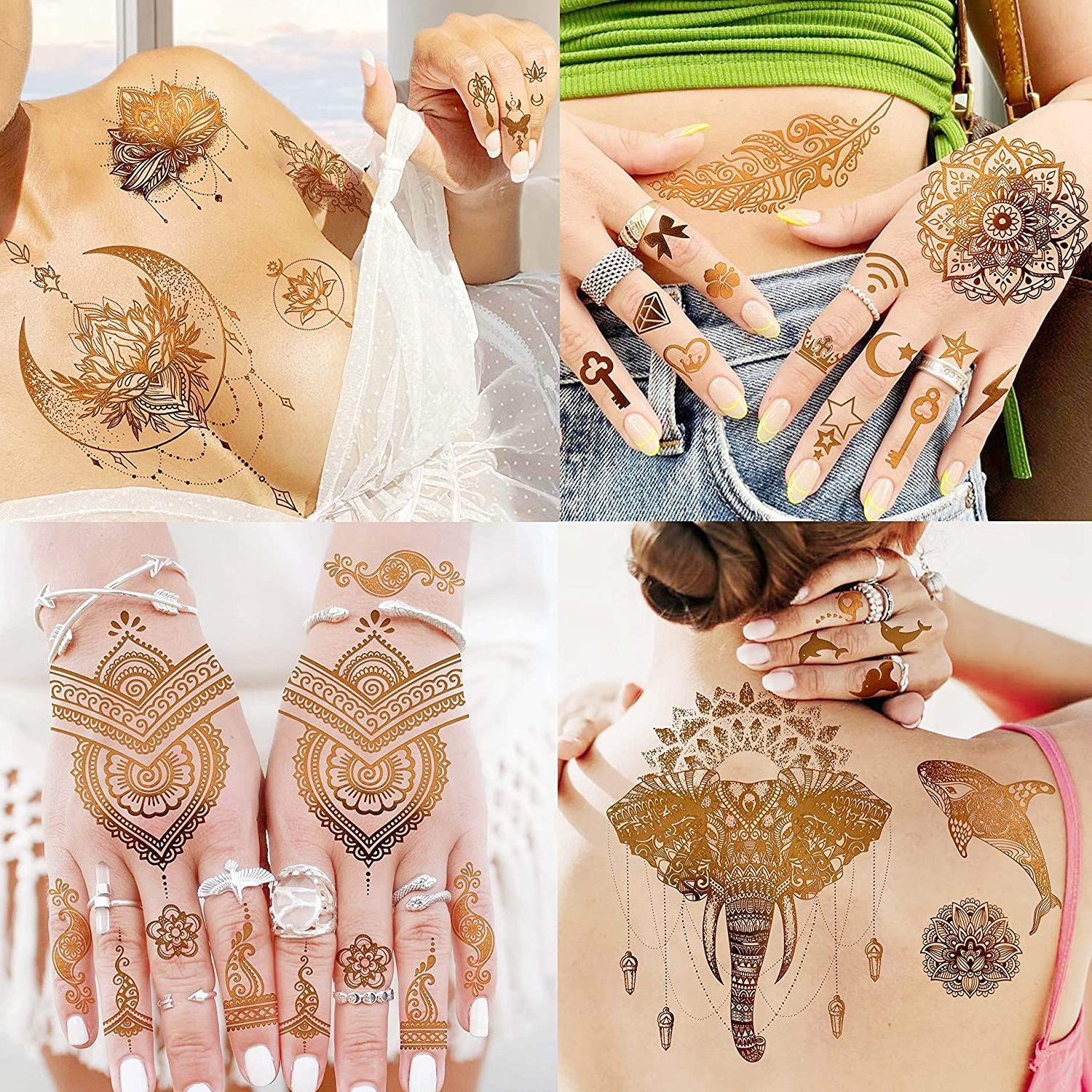 Indian Tribal Elephant Golden Skull Butterfly Glitter Sleeve Tattoo Flash Gold Metallic Temporary Tattoos For Women Adults