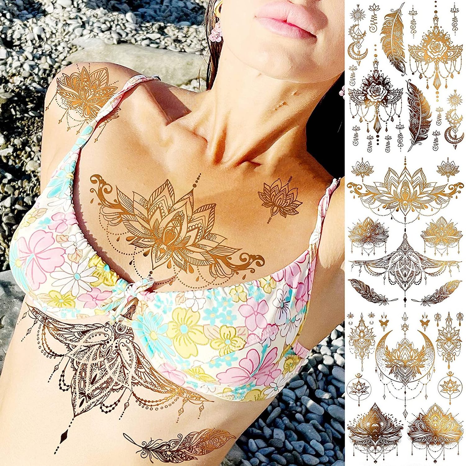 Indian Tribal Elephant Golden Skull Butterfly Glitter Sleeve Tattoo Flash Gold Metallic Temporary Tattoos For Women Adults