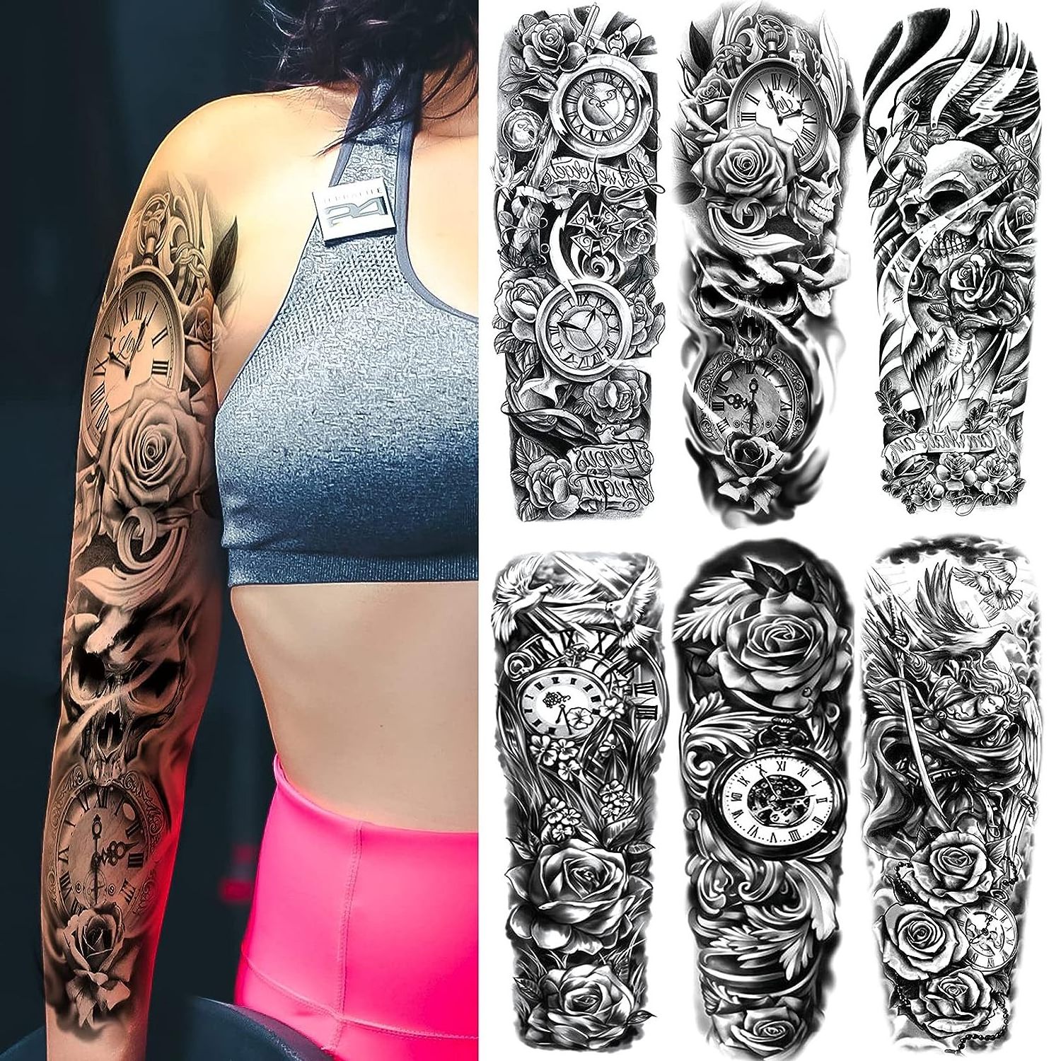 Large Flower Temporary Tattoo Sleeves Waterproof Black Rose Skull Realistic Full Temporary Tattoos for Men