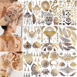 Indian Tribal Elephant Golden Skull Butterfly Glitter Sleeve Tattoo Flash Gold Metallic Temporary Tattoos For Women Adults