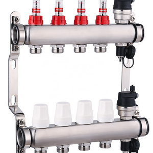 SS manifold  Floor heating stainless steel manifolds 1"  with flowmeter and gauge and drain valve