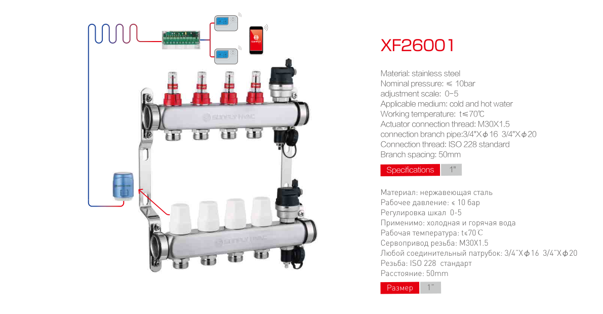 Underfloor heating stainless steel manifolds SS distributor with gauge and drain valve