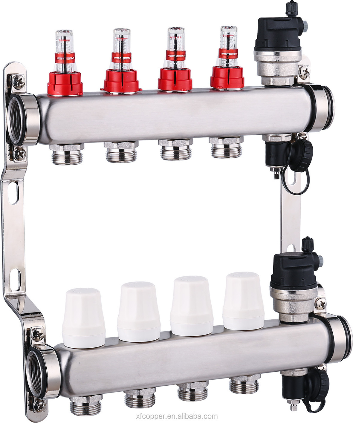 Underfloor heating stainless steel manifolds SS distributor with gauge and drain valve