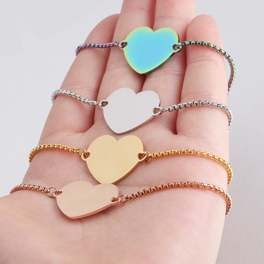 2022 New Stainless Steel Trendy Engraved Heart Charm DIY Love Gift 4Colors Jewelry Making Adjustable Box Chain Bracelet