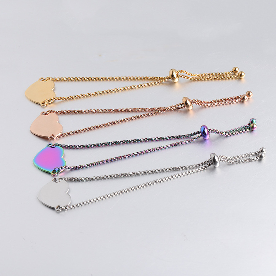 2022 New Stainless Steel Trendy Engraved Heart Charm DIY Love Gift 4Colors Jewelry Making Adjustable Box Chain Bracelet