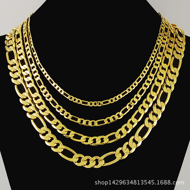 24K Real Gold Plated Figaro Chain Necklace 4MM 6MM 8MM Unisex Anti-fading Necklace for Women Men