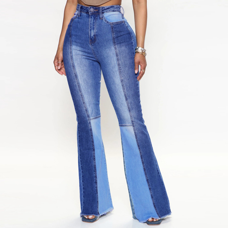 Quality European and American color contrast flared pants high-waisted women's jeans