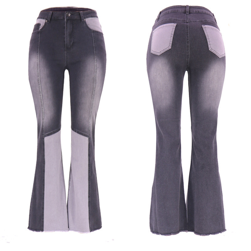 Quality European and American color contrast flared pants high-waisted women's jeans