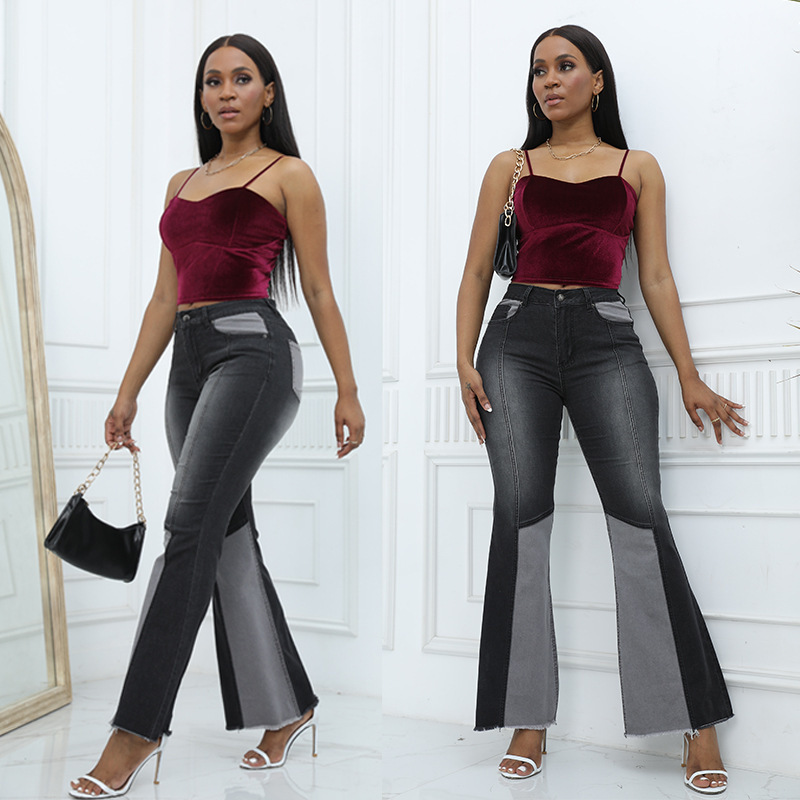 Quality European and American color contrast flared pants high-waisted women's jeans