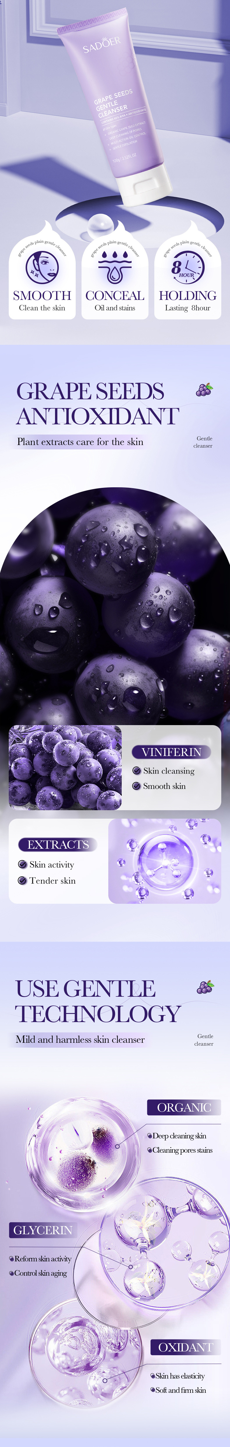 SADOER Face Wash Facial Cleanser Gentle Cleaning Moisturizing Nourishing Whitening Skin Care Product Grape Seeds Face Cleanser