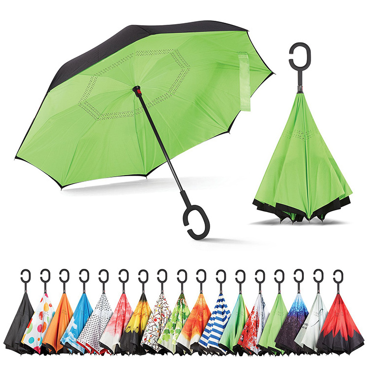 China Cheap Custom Inside Out Parapluie C Shape Handle Double Layer Inverted Reverse Umbrellas