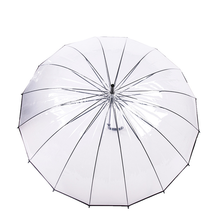 Wholesale Promotional Custom Metal Shaft J Handle 23Inch 16K Automatic Open Pvc Clear Transparent Umbrella