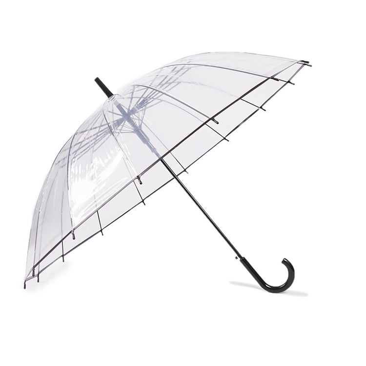 Wholesale Promotional Custom Metal Shaft J Handle 23Inch 16K Automatic Open Pvc Clear Transparent Umbrella