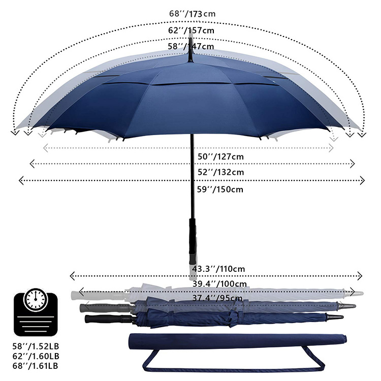 68/62/58 Inch Large Oversize Double Canopy Vented Windproof Waterproof Automatic Open Stick Golf Umbrella Men and Women