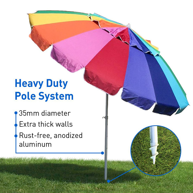 Promotional Outdoor Heavy Duty High Wind 8 Foot Windproof Beach Umbrella With Sand Anchor