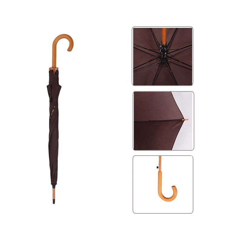 Hot Sale 190T Pongee Durable Wooden Shaft Straight Umbrella With Hook J Handle