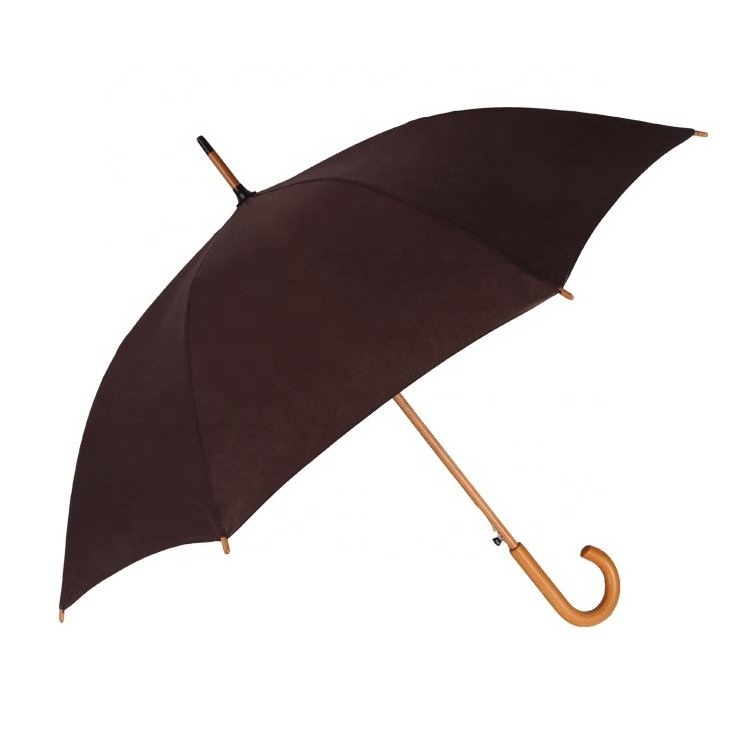 Hot Sale 190T Pongee Durable Wooden Shaft Straight Umbrella With Hook J Handle