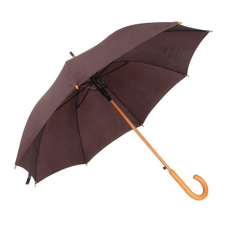 Hot Sale 190T Pongee Durable Wooden Shaft Straight Umbrella With Hook J Handle