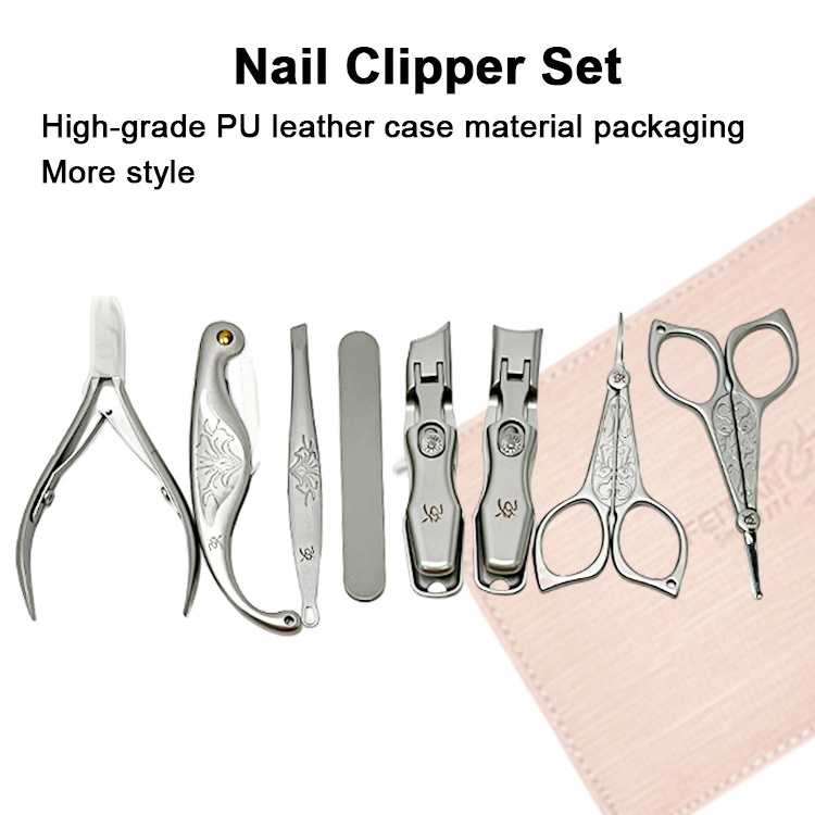 WISDOM High Quality Nail Clipper Set Customized Stainless Steel 8Pcs Toe Nail Clippers Cutter Gift Manicure Set