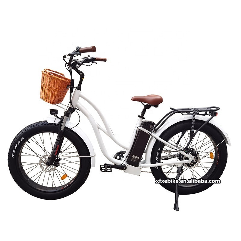 Stock Retro 48V 500W/750W/1000W Beach Cruiser Electric Bike 26*4.0 Inch Fat Tire Step Through Electric Bicycle With Basket Ebike