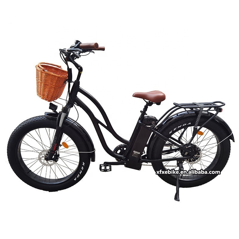 Stock Retro 48V 500W/750W/1000W Beach Cruiser Electric Bike 26*4.0 Inch Fat Tire Step Through Electric Bicycle With Basket Ebike