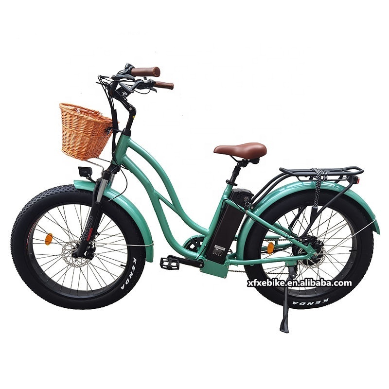 Stock Retro 48V 500W/750W/1000W Beach Cruiser Electric Bike 26*4.0 Inch Fat Tire Step Through Electric Bicycle With Basket Ebike