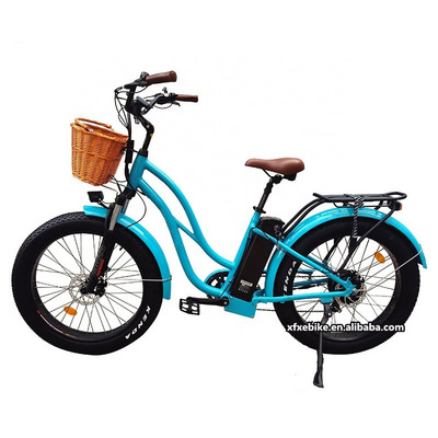 Stock Retro 48V 500W/750W/1000W Beach Cruiser Electric Bike 26*4.0 Inch Fat Tire Step Through Electric Bicycle With Basket Ebike