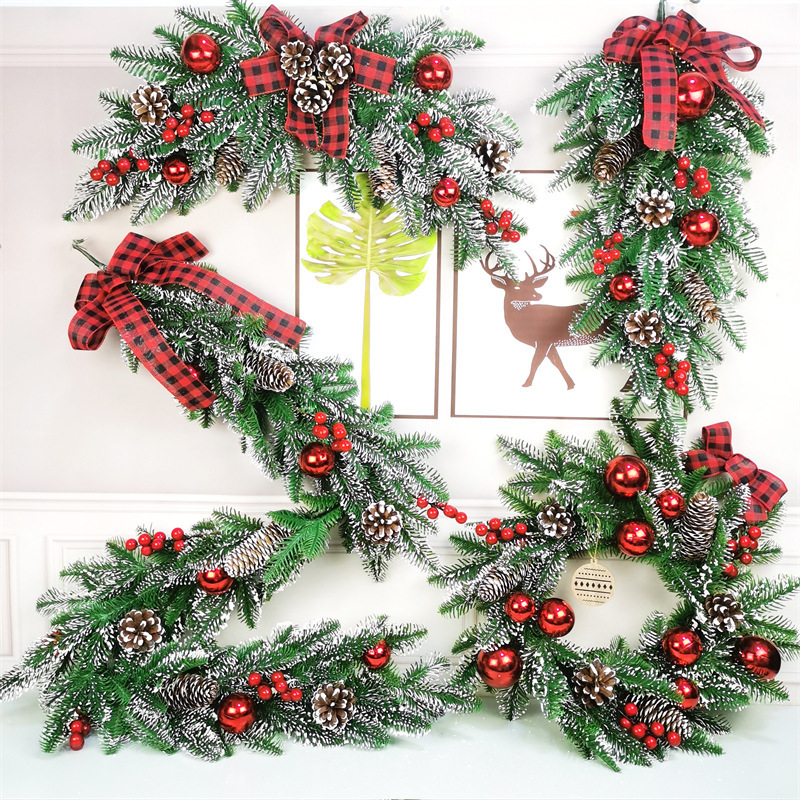 Simulation PE Christmas 50cm wreath 1.5m rattan bull horn rattan upside down tree decoration DIY christmas garland