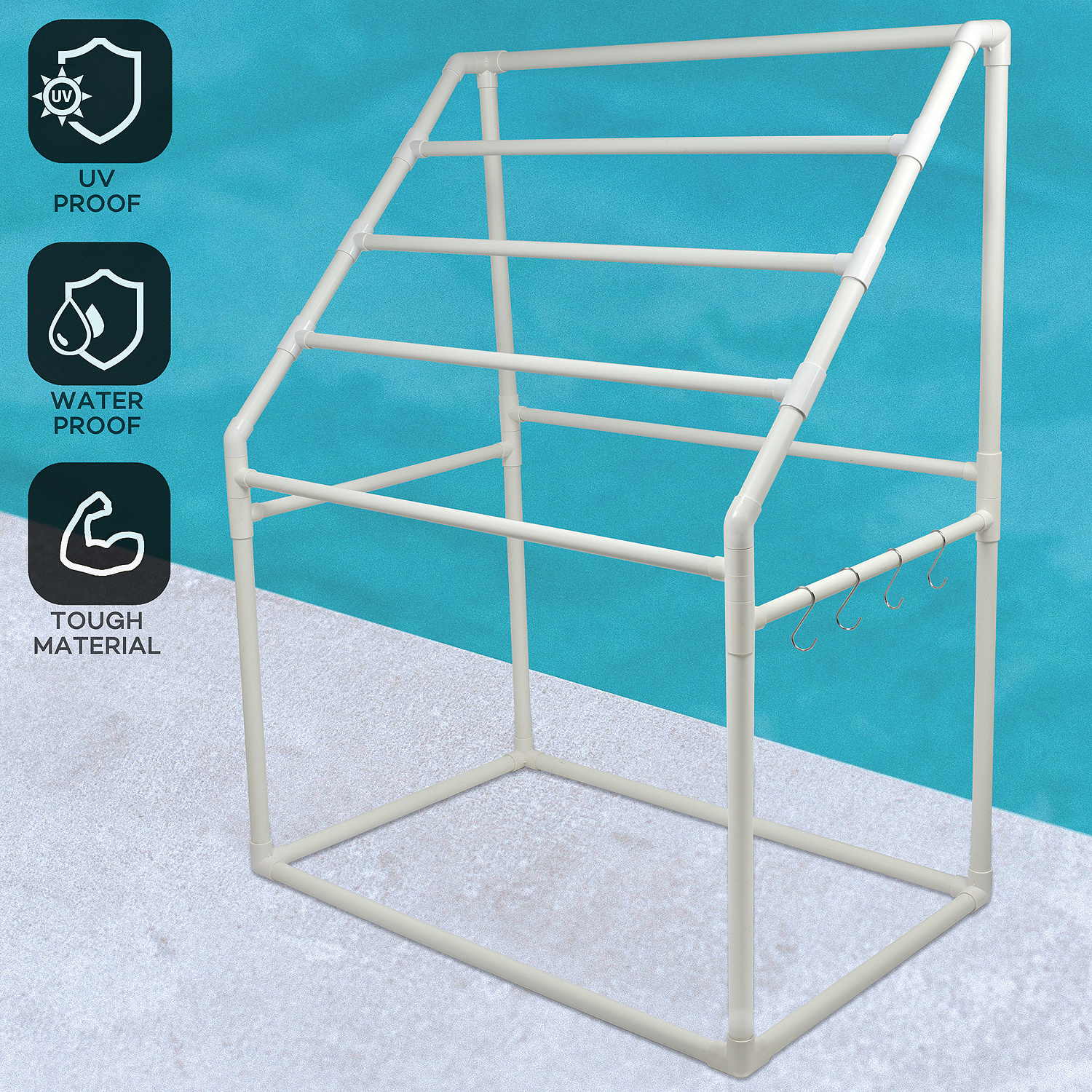 Heavy Duty Vertical Poolside Pipe Towel Rack PVC Outdoor Pool Beach Towel Rack Shelf